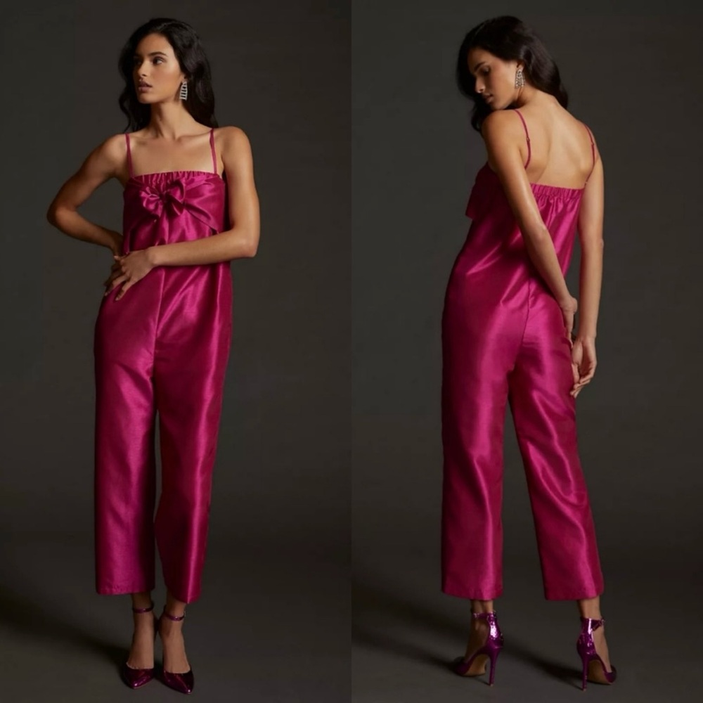 Anthropologie Hutch Womens Bow Tie Satin Jumpsuit Size Medium Pink